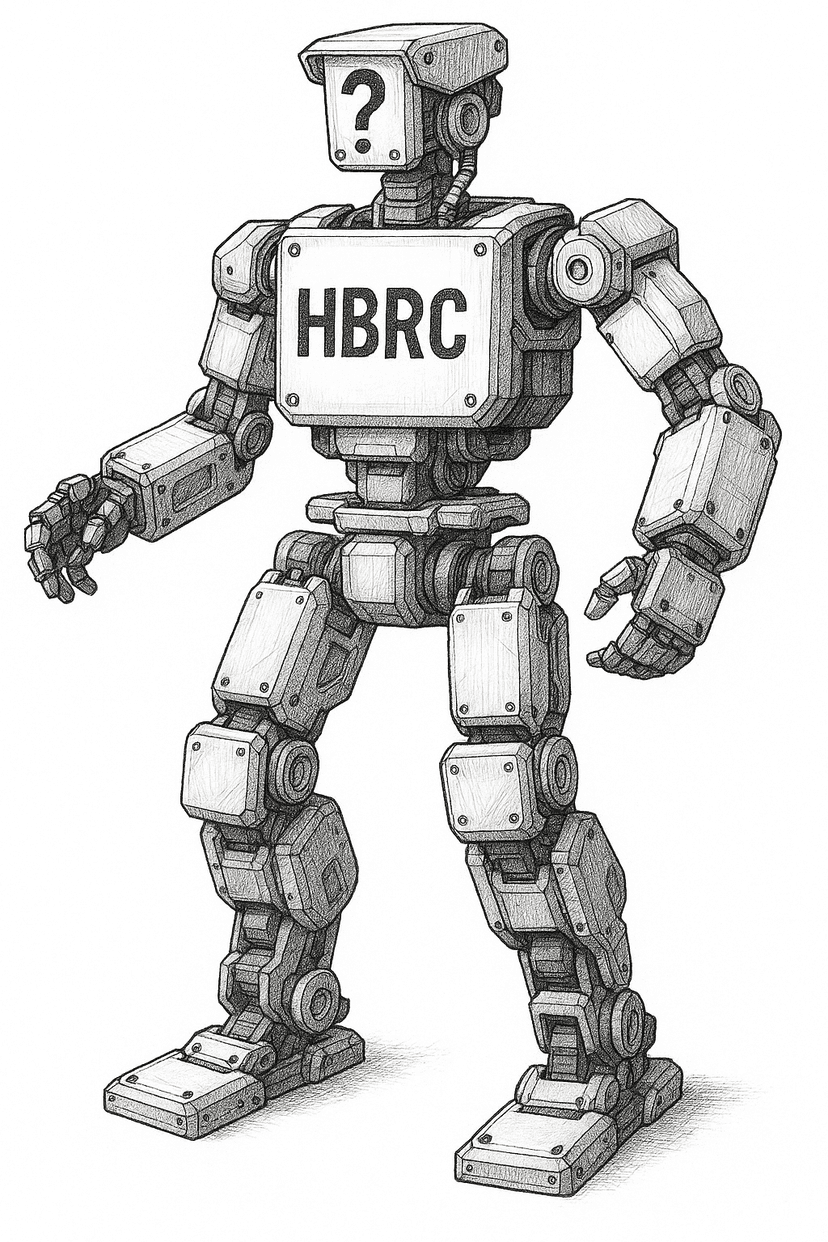 Sketch of the proposed Homebrew Robotics Club full-scale humanoid robot with HBRC on chest and question mark on head.