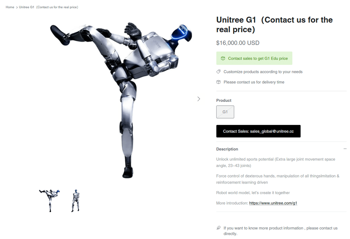 Unitree G1 Humanoid Robot product page showing price and details.
