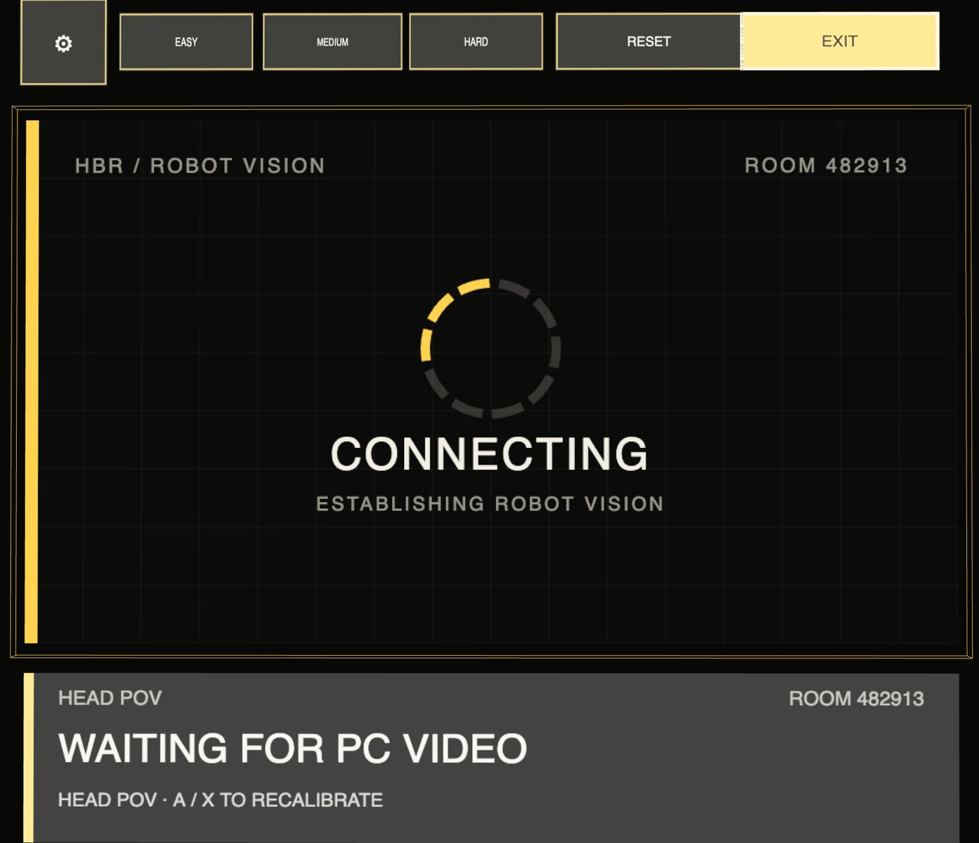 The VR view while connecting: a toolbar of buttons on top, the video panel showing CONNECTING, ESTABLISHING ROBOT VISION, and a status bar reading WAITING FOR PC VIDEO