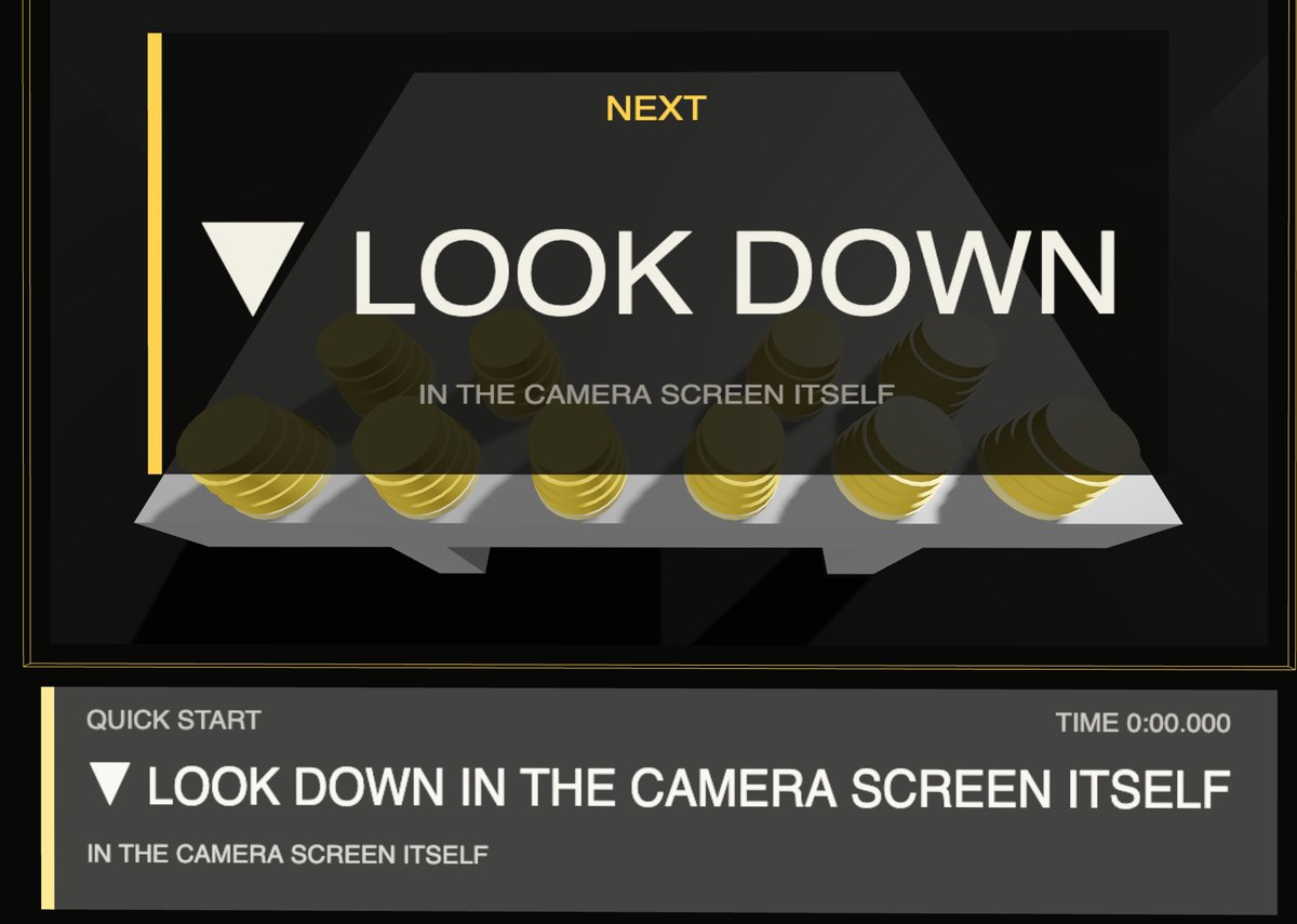 The headset after calibrating: NEXT, LOOK DOWN, IN THE CAMERA SCREEN ITSELF, with the table and cups below