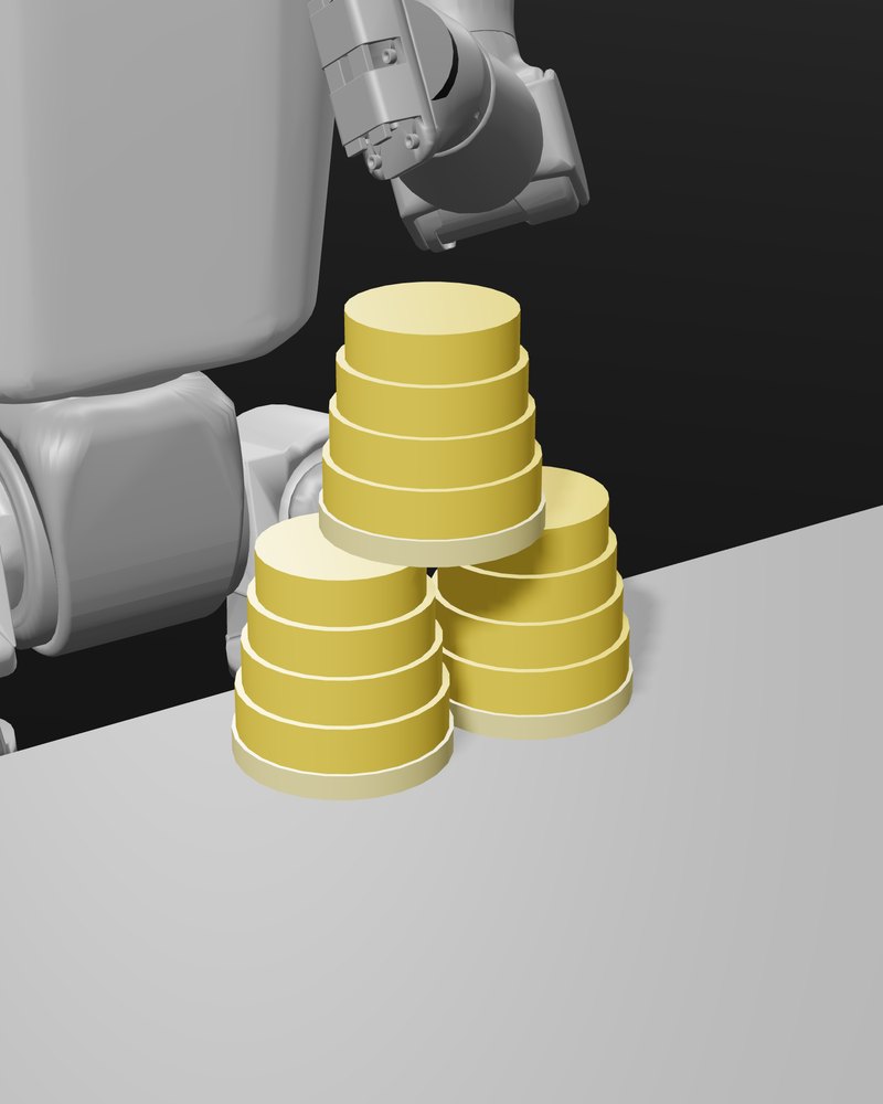 A finished easy pyramid, 2–1, 3 cups, on the table in front of the robot