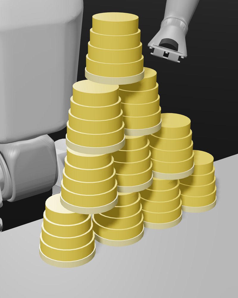 A finished hard pyramid, 4–3–2–1, 10 cups, on the table in front of the robot