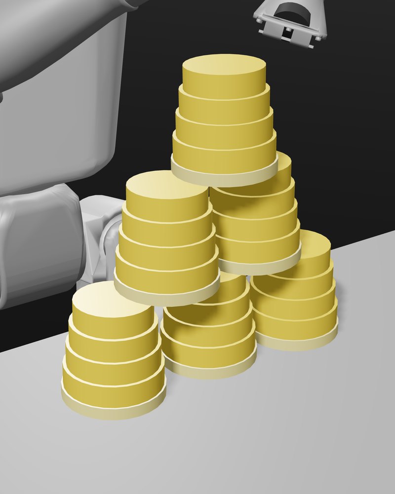 A finished medium pyramid, 3–2–1, 6 cups, on the table in front of the robot