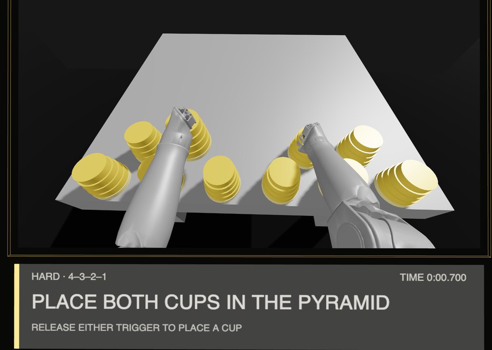 Both robot hands carrying cups: PLACE BOTH CUPS IN THE PYRAMID